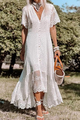 Weißes Maxikleid mit V-Ausschnitt und Spitze